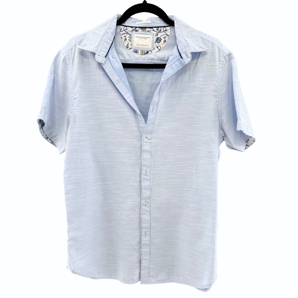 Denim & Flower Button Up Shirt Mens Medium Light Blue Minimalist Coastal Casual